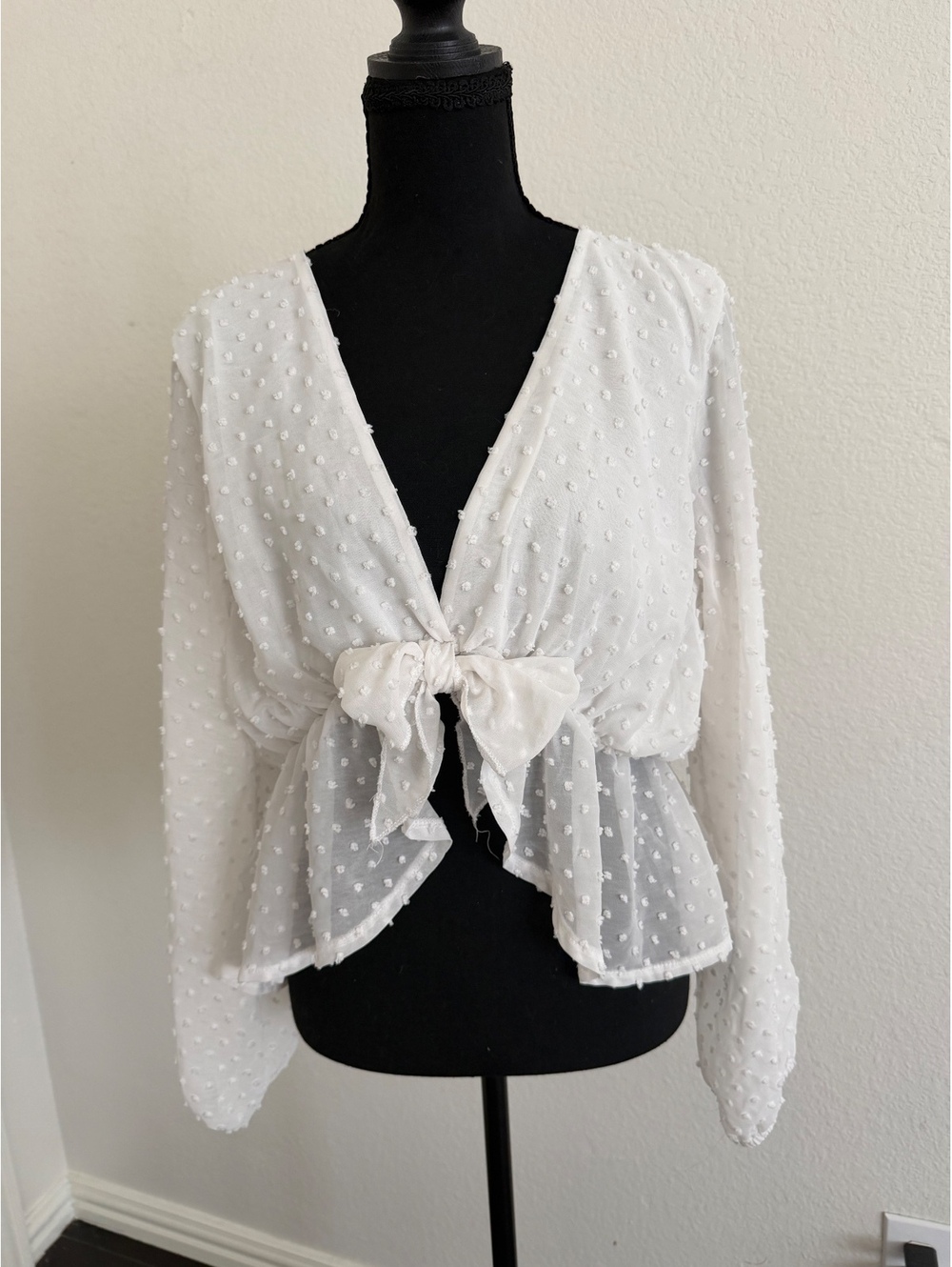 White Sheer Swiss Dot Tie-Front Blouse